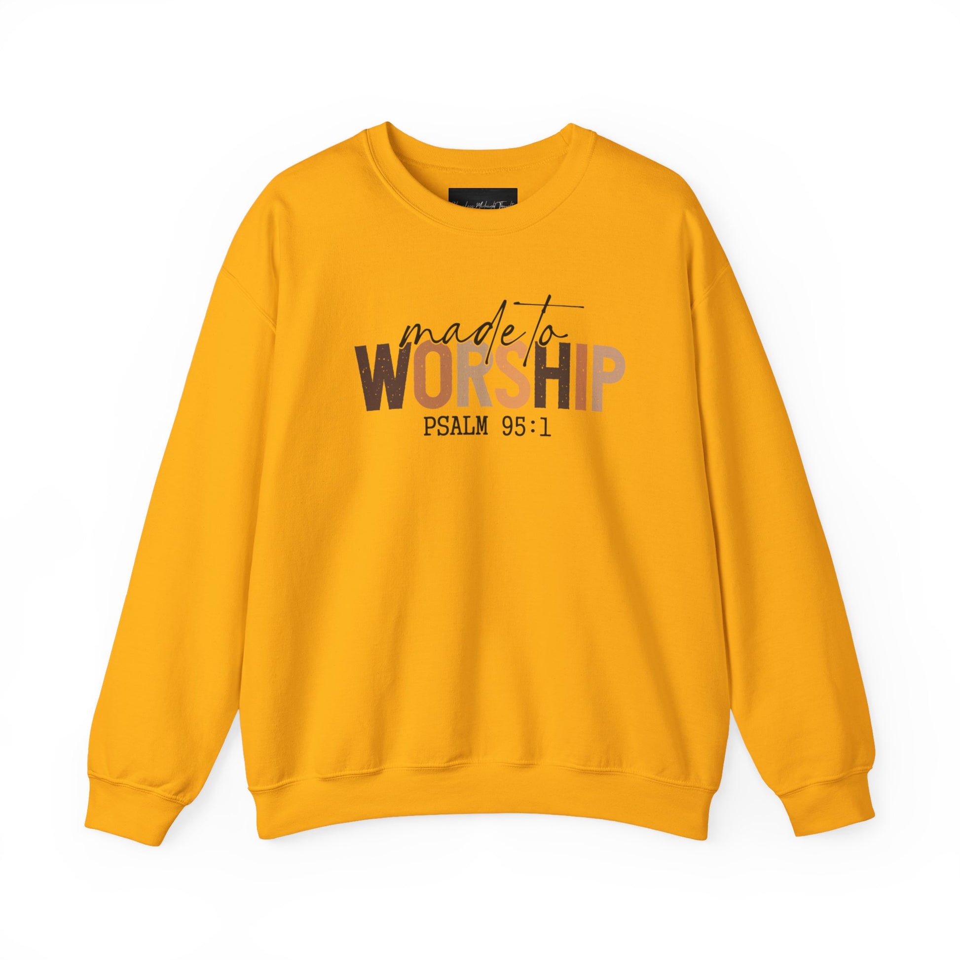 On the front of this Christian pullover sweatshirt it says Made To Worship Psalm 95:1, the word worship is done in large block letters with every letter being a different shade of brown.
