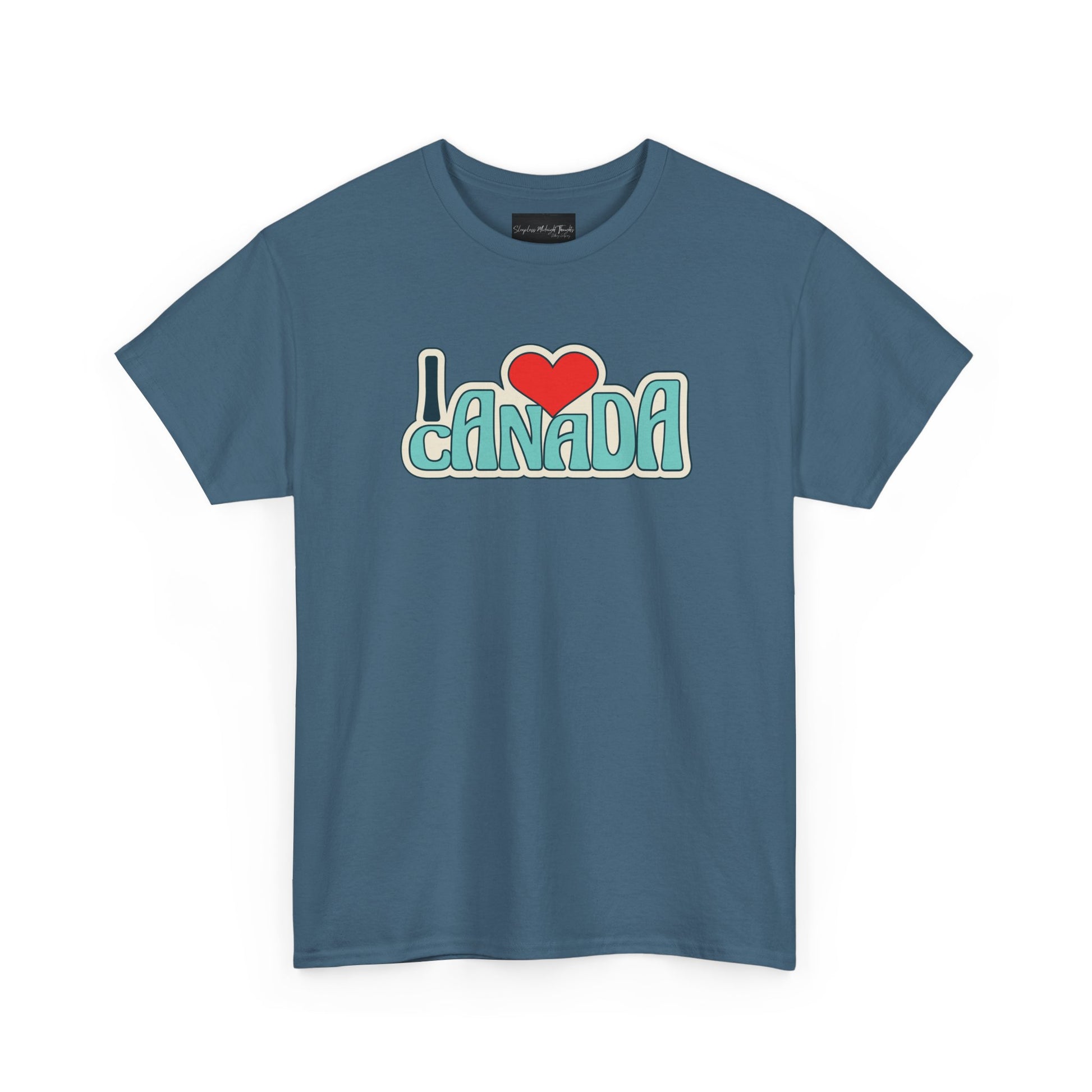 Blue t-shirt with 'I ❤️ Canada' text on a white background