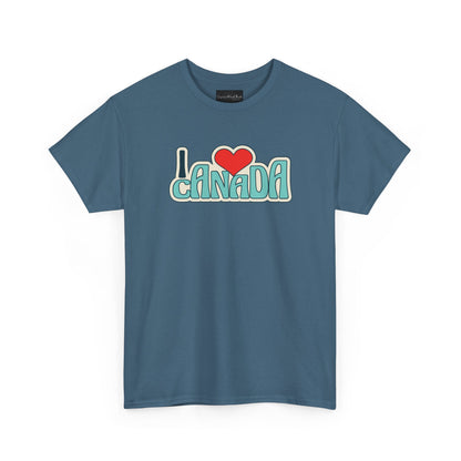 Blue t-shirt with 'I ❤️ Canada' text on a white background