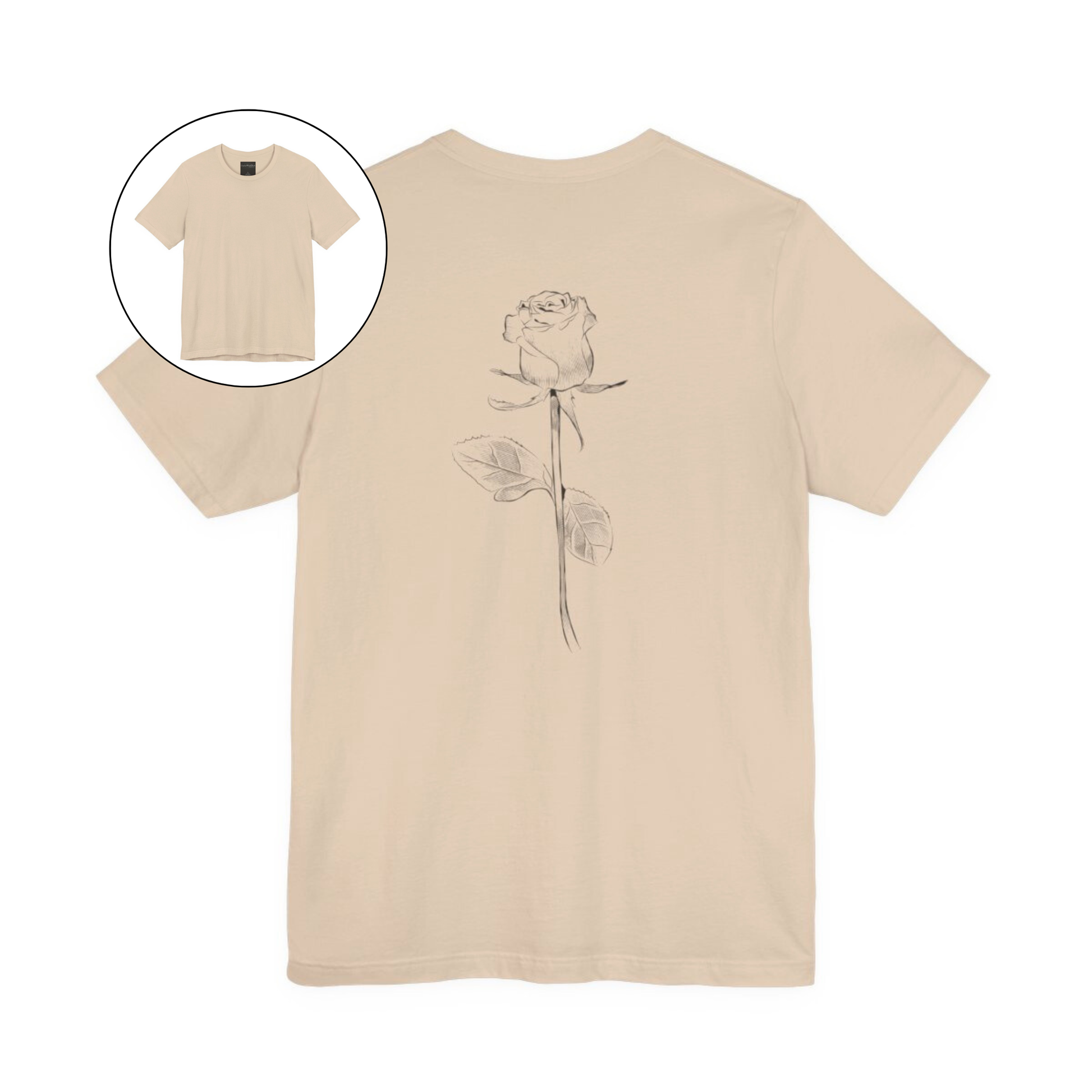 On the back of this custom women's short sleeve shirt is a large rose from the top to the bottom in the center of the back.