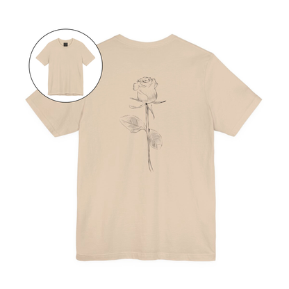 On the back of this custom women's short sleeve shirt is a large rose from the top to the bottom in the center of the back.