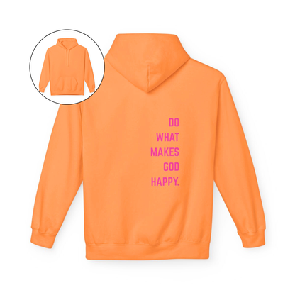 On the back of this Christian hoodie along the right side are the words Do what makes God Happy, every different color of hoodie has a different color of font.