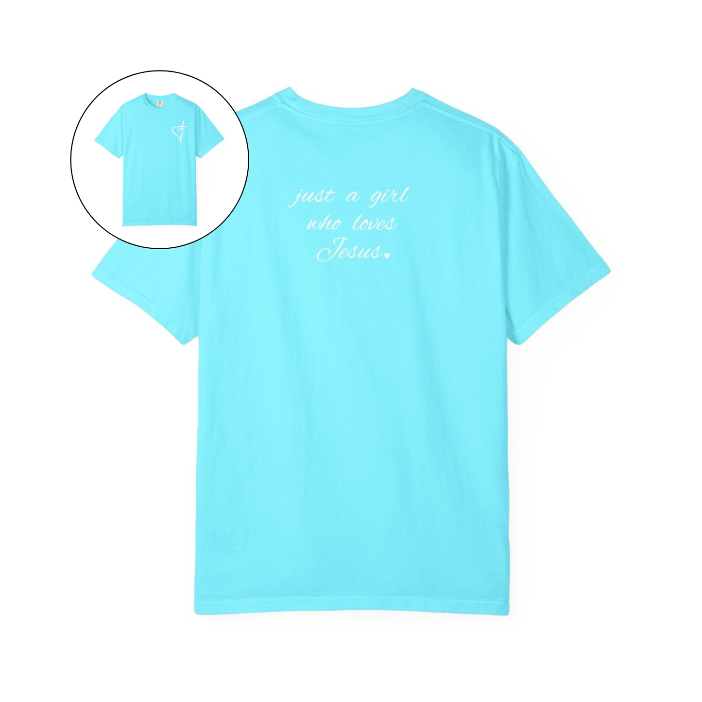On the front of this custom women's Christian t-shirt is a heart with a cross through it, on the back top of the shirt right between the shoulder blades are the words just a girl who loves Jesus in a cursive writing.
