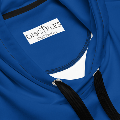 A custom unisex hand sewn hoodie with the top half along with the front pocket being a bright blue color, the rest of the hoodie is black in color,