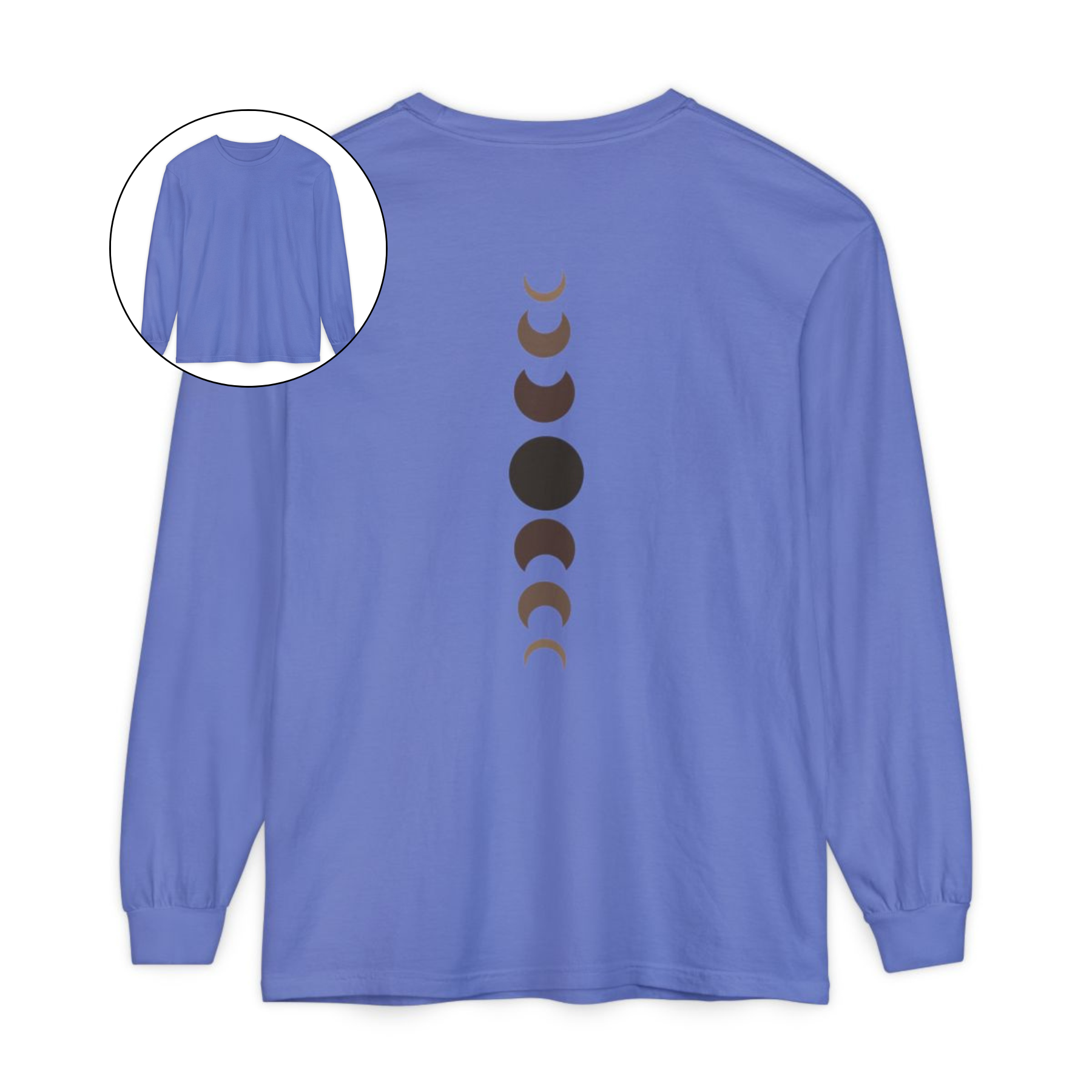 On the back of this custom unisex long sleeve t-shirt from the top of the shirt to the bottom are 7 images of the moon showing the moons cycle, every moon is a different shade of brown.