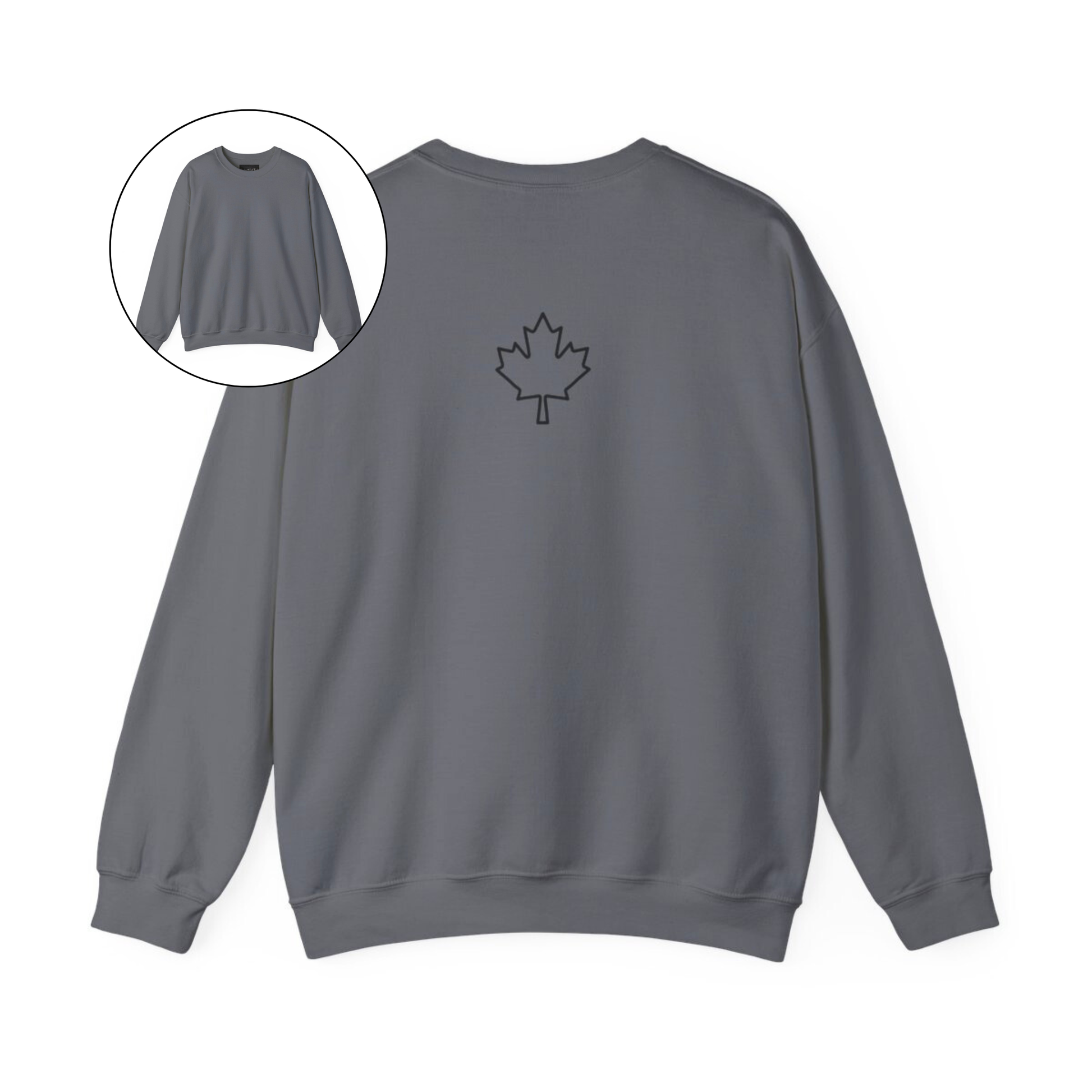 On the back of this custom Canadian pullover sweatshirt is a maple leaf that is right in between the shoulder blades, the front of the sweater is blank.