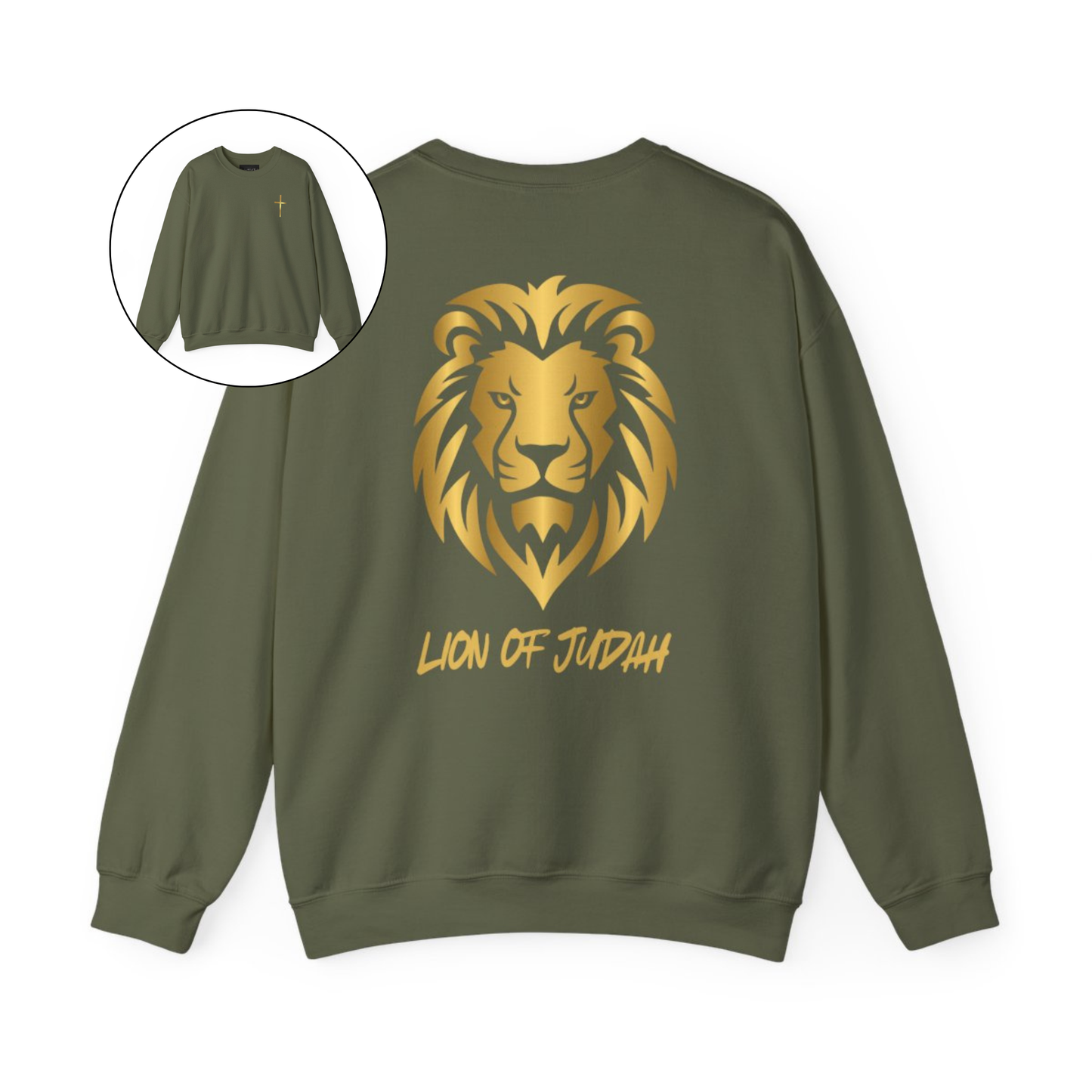 On the front of this custom Christian sweater is a gold Jesus cross on the front left chest, on the back of the pullover is a large gold male lion head with the words Lion of Judah in gold underneath the animal head.