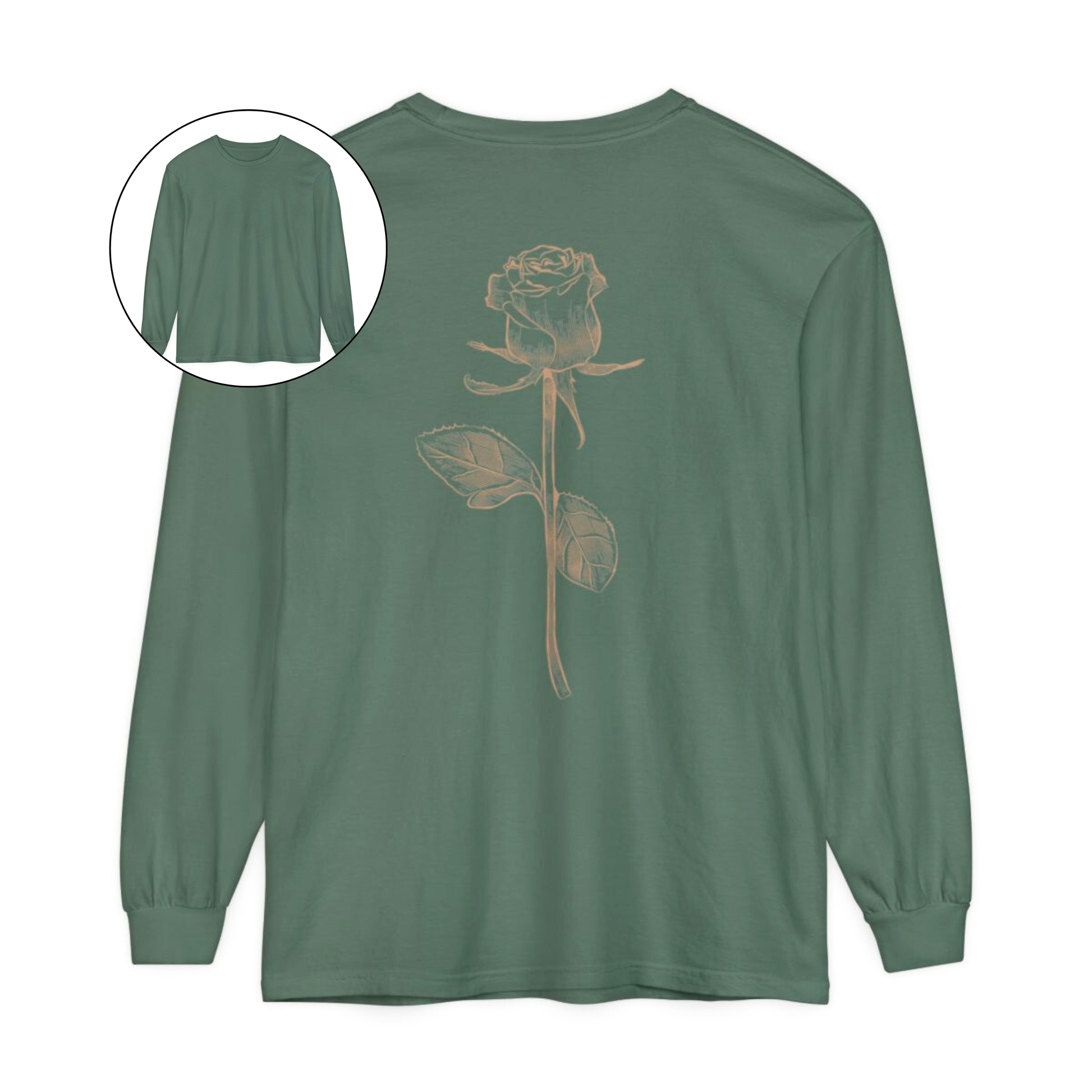 On the back of this custom women's long sleeve tee is a beige colored long stem rose that is the length of the shirt