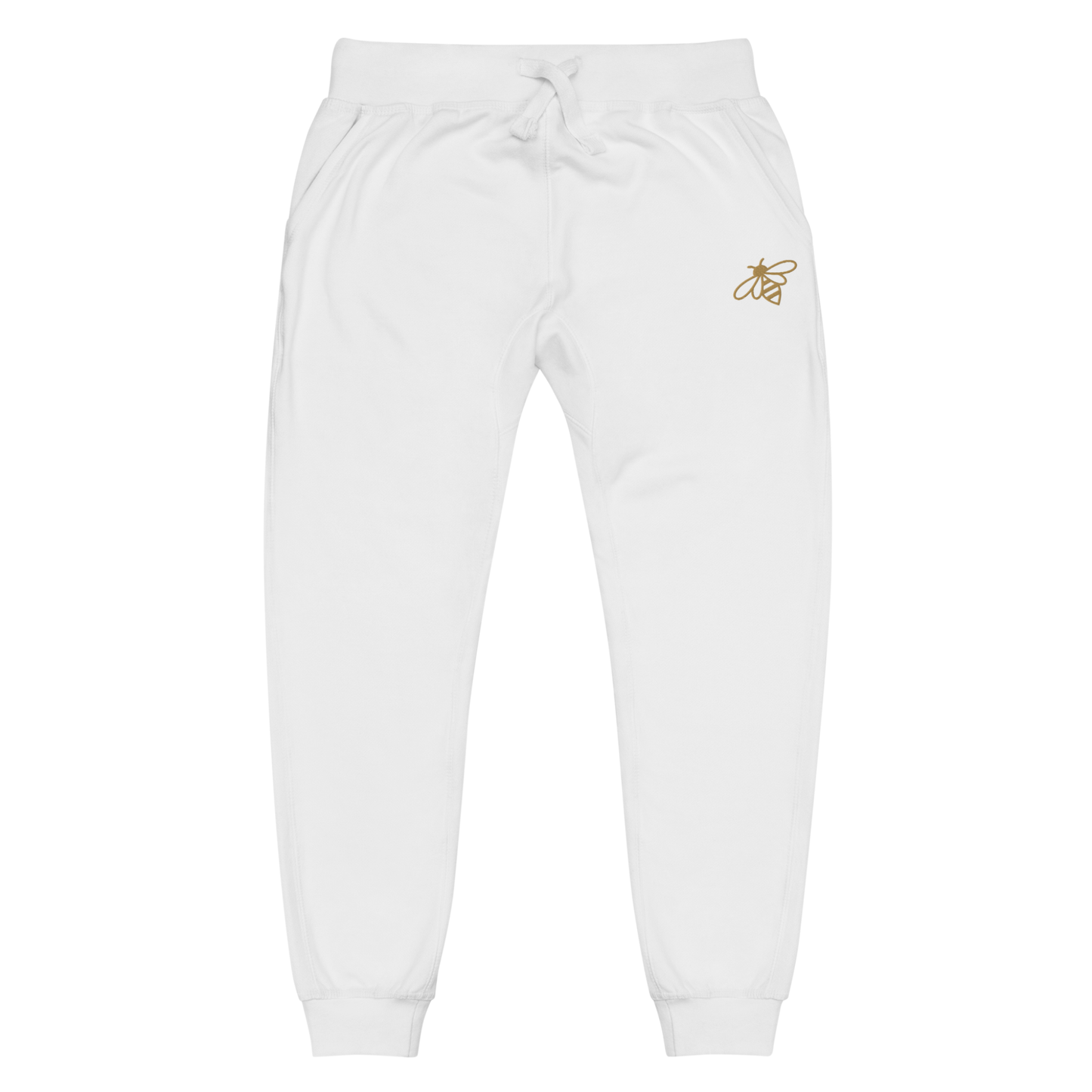 A pair of super soft fleece unisex sweatpants with a bumble bee embroidered in gold over the left front pocket of the pants.