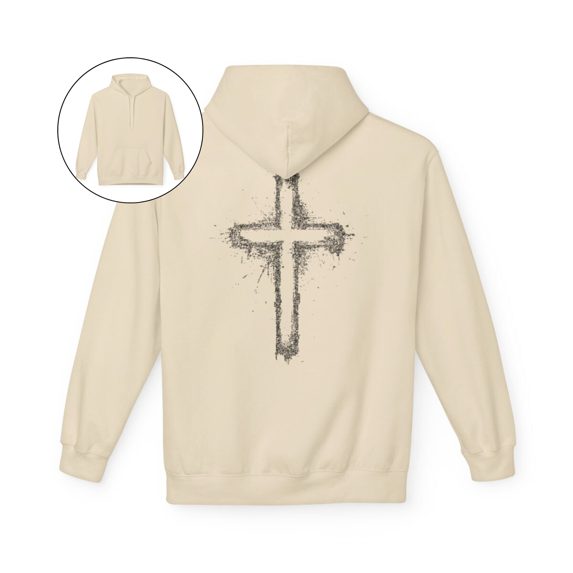 On the back of this Christian hoodie is a large spray painted Jesus cross that takes up the entire back of the sweater.