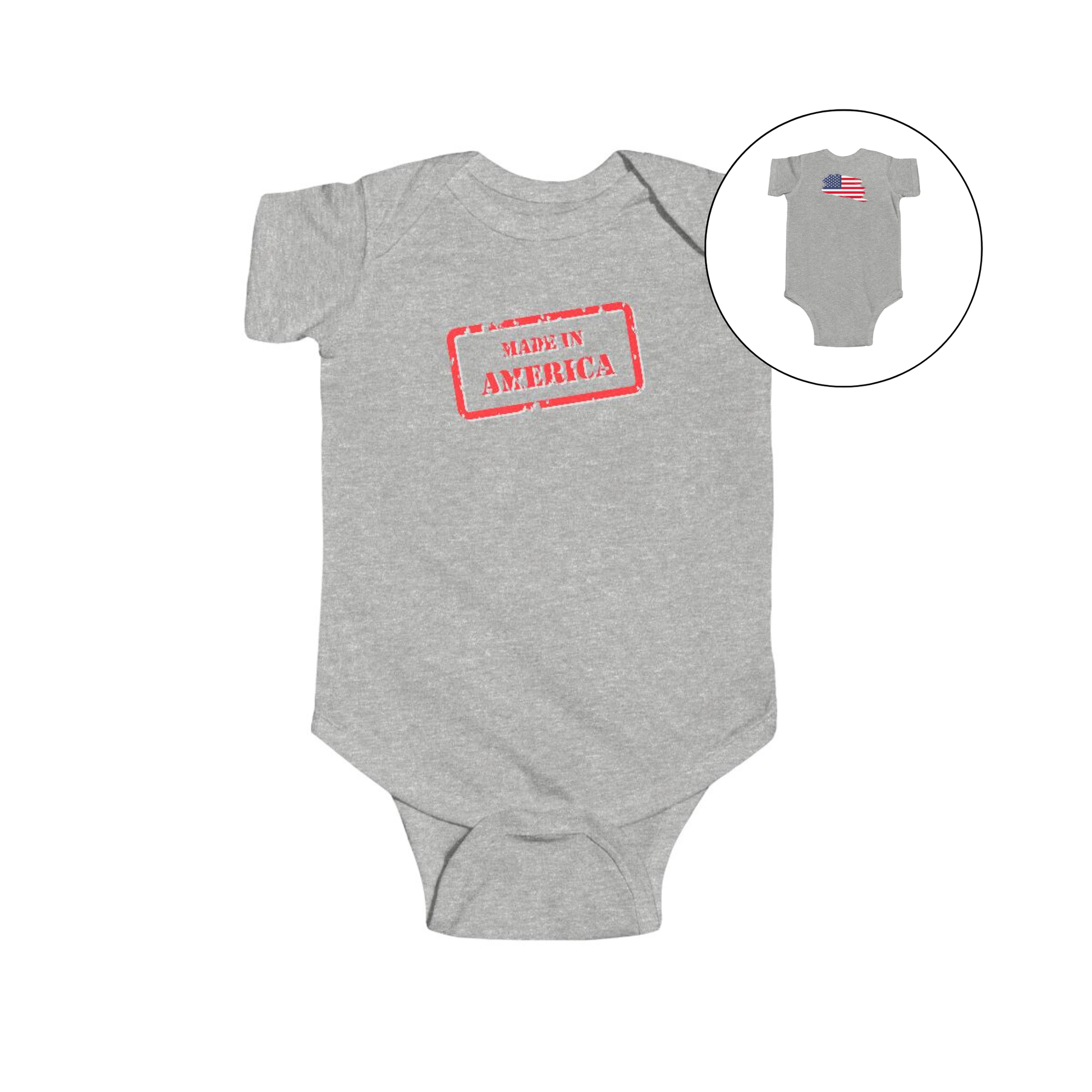 On the front of this custom baby onesie are the words Made In America in a rectangular box that makes it look like a stamp, on the back of this bodysuit is the American flag.