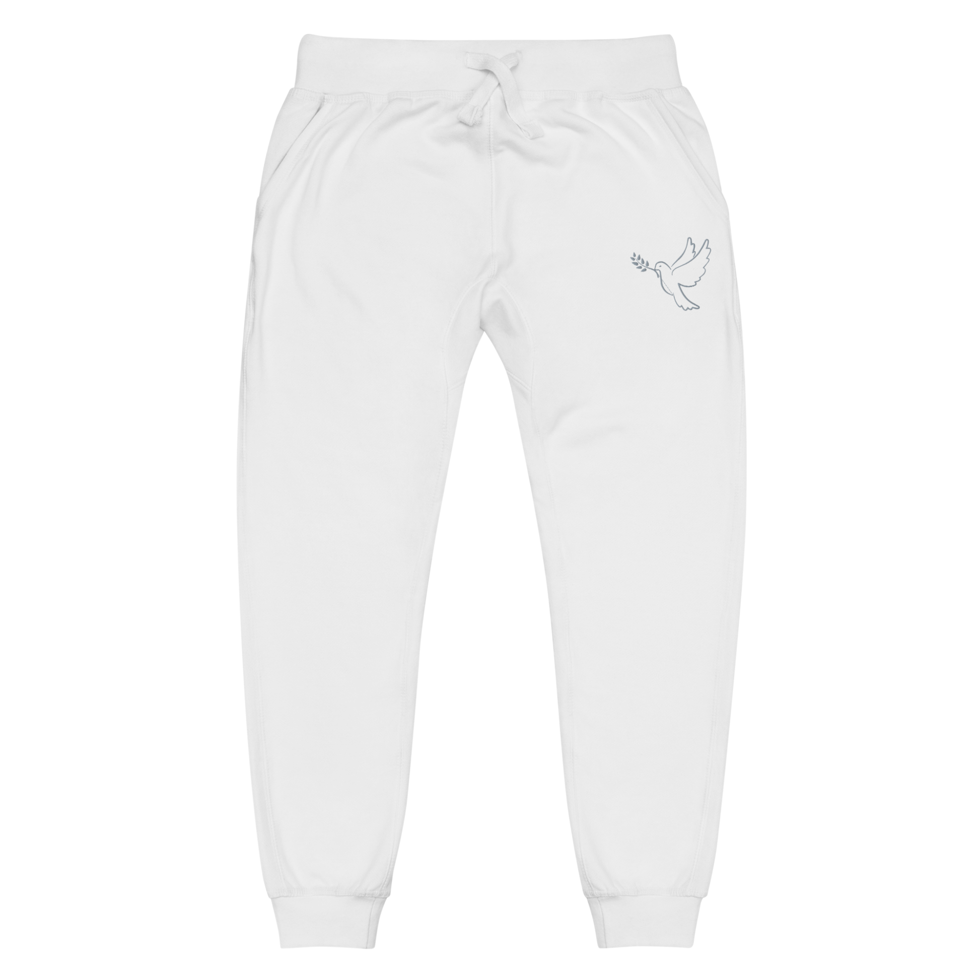 A pair of super soft ankle length unisex Christian sweatpants, there are two pockets on the front and one pocket on the back right, on the front left pocket  there is an embroidered dove with a fig leaf in silver thread.