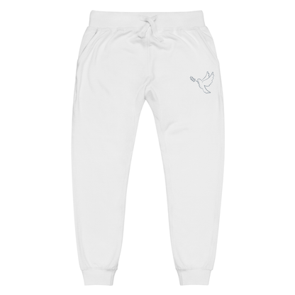 A pair of super soft ankle length unisex Christian sweatpants, there are two pockets on the front and one pocket on the back right, on the front left pocket  there is an embroidered dove with a fig leaf in silver thread.