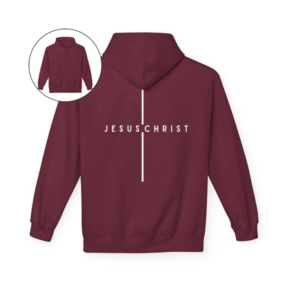 On the back of this custom Christian hoodie is the name Jesus Christ with a line above and below the name making it look like a cross.