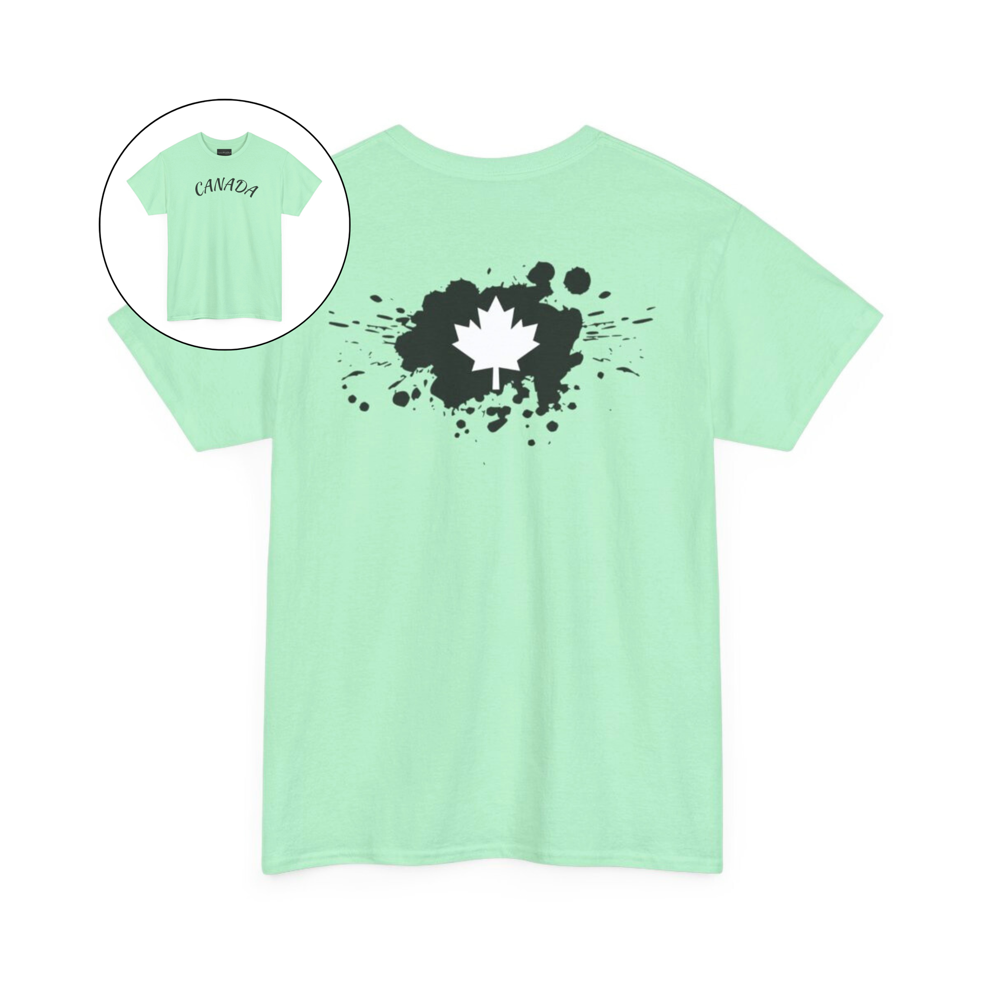 On the front of this custom short sleeve shirt is the word Canada in large letters across the chest, on the back of the shirt in between the shoulder blades is a large paint splatter with a maple leaf in the middle.