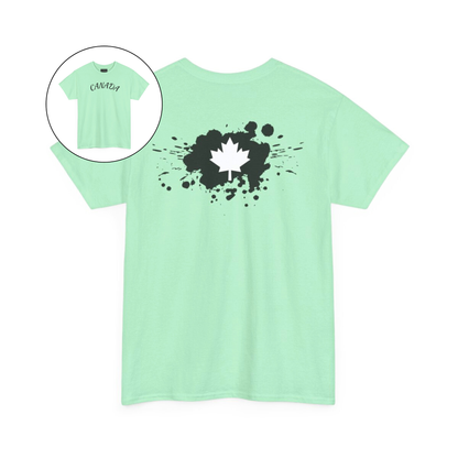 On the front of this custom short sleeve shirt is the word Canada in large letters across the chest, on the back of the shirt in between the shoulder blades is a large paint splatter with a maple leaf in the middle.