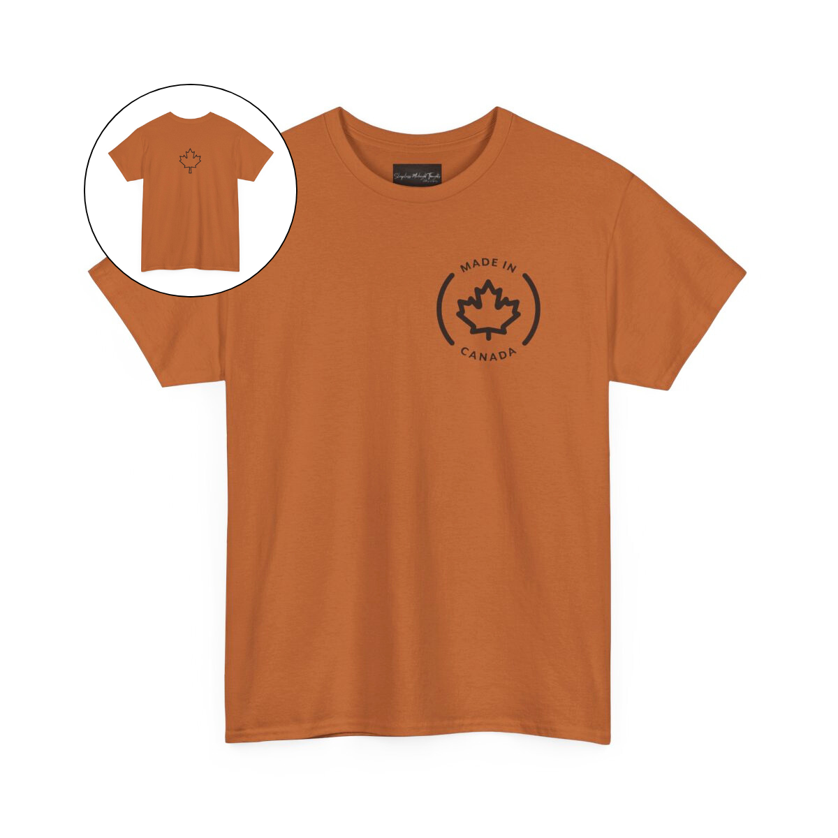 On the front of this custom short sleeve shirt is a circle on the upper left chest of the shirt with the words Made In Canada with a maple leaf in the middle, on the back of the shirt is a maple leaf right in between the shoulder blades.