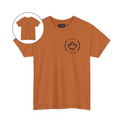 On the front of this custom short sleeve shirt is a circle on the upper left chest of the shirt with the words Made In Canada with a maple leaf in the middle, on the back of the shirt is a maple leaf right in between the shoulder blades.