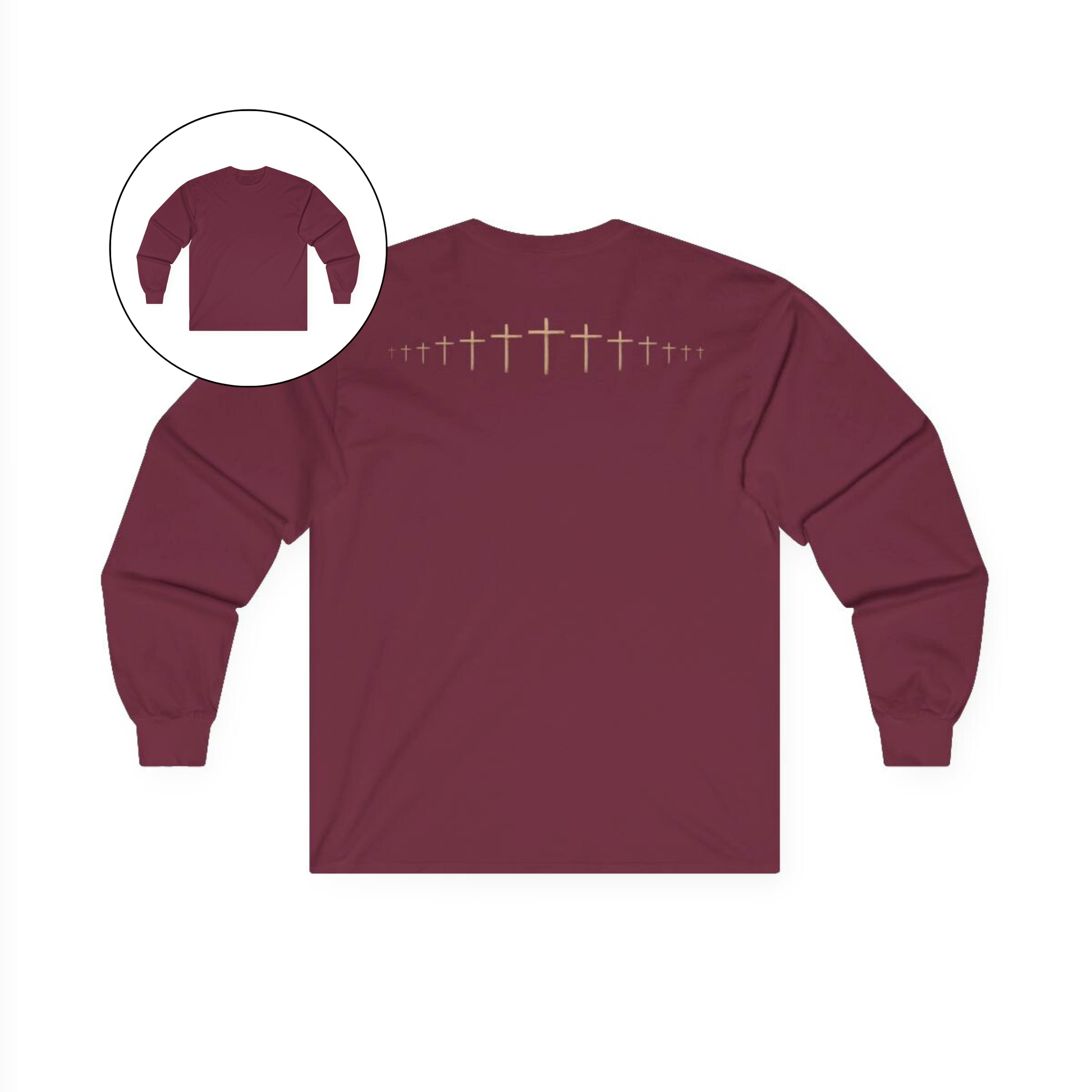 On the back of this maroon colored Christian long sleeve shirt is a large wooden Jesus cross in between the shoulder blades, the Jesus cross then keeps getting smaller and smaller till it fades right off the shirt giving it a amazing 3D look on the back.