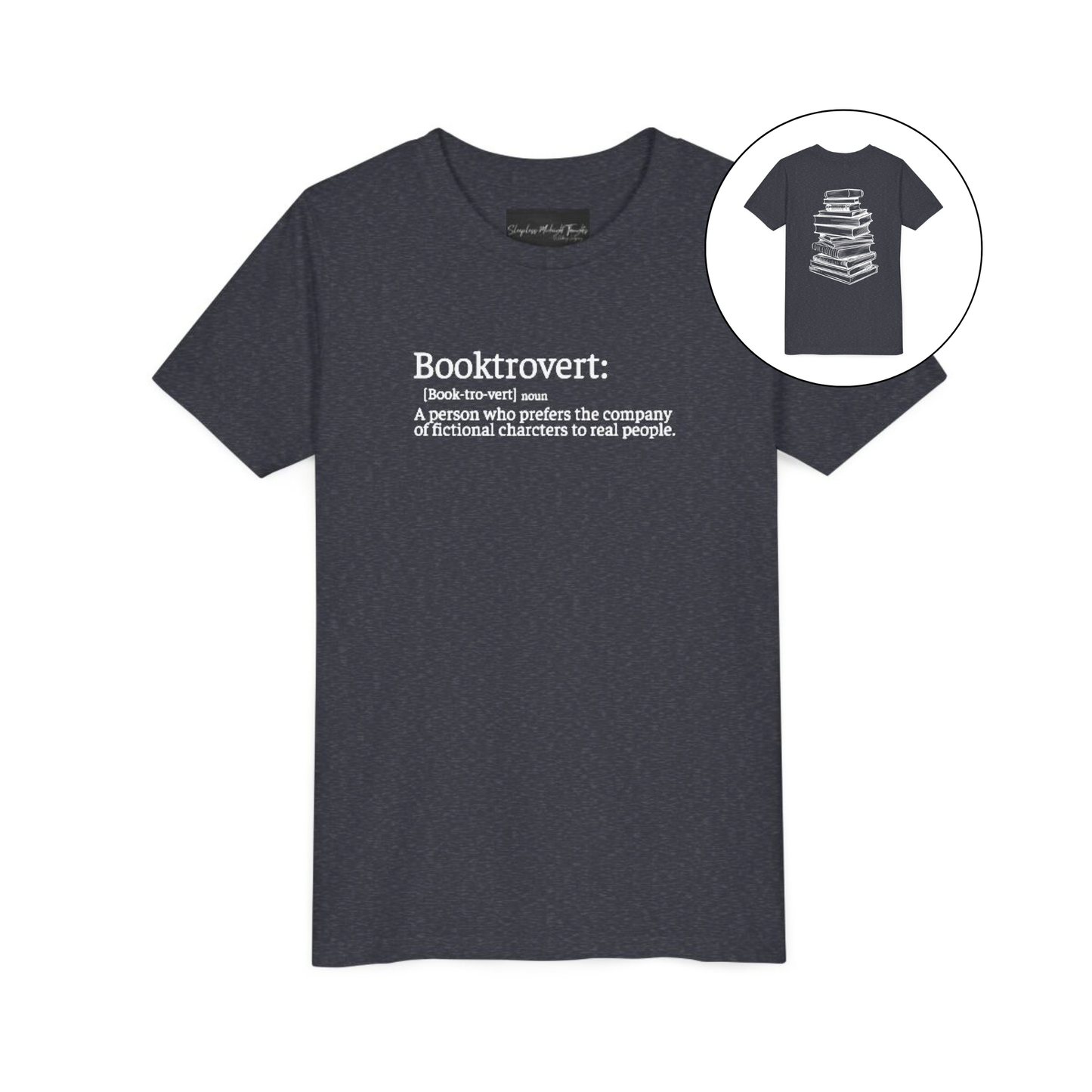 On the front of this custom youth t-shirt it says the word Booktrovert in large letter with the meaning of the words underneath it, on the back of the shirt is an image of a large stack of books.
