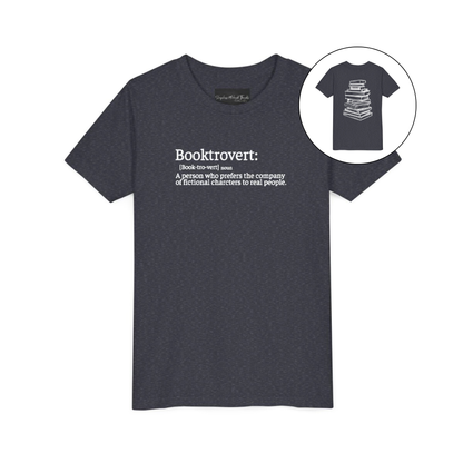 On the front of this custom youth t-shirt it says the word Booktrovert in large letter with the meaning of the words underneath it, on the back of the shirt is an image of a large stack of books.