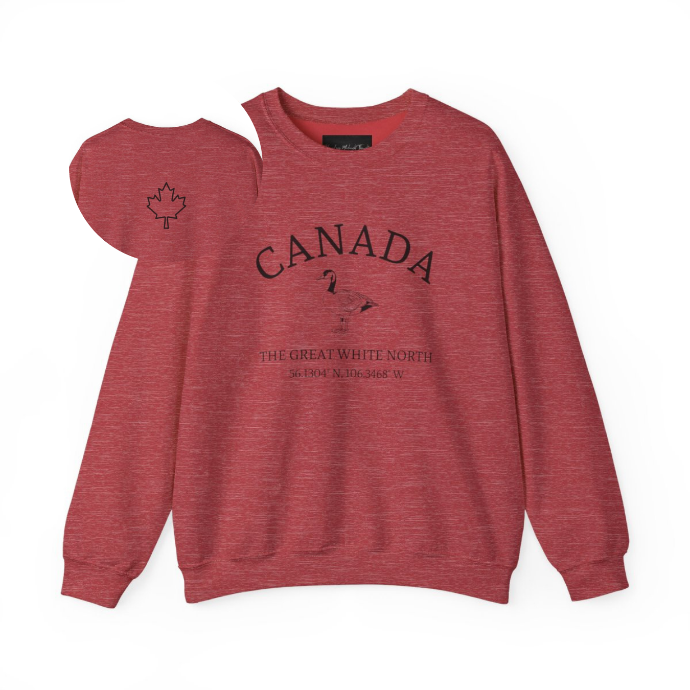 On the front of this unisex super soft Canadian sweatshirt is the word Canada in large text on the top with an image of a Canadian Goose underneath. Under the Goose are the words The Great White North with Canada's geological location under that.