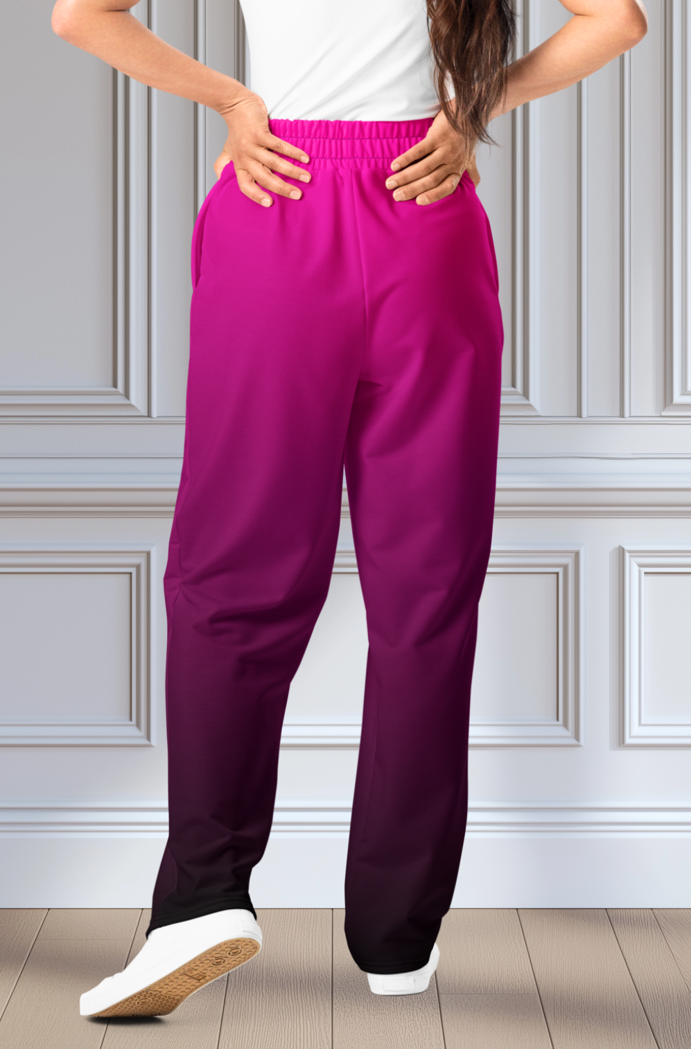 The super soft pair of wide leg joggers start as a bright pink color on the top of the pant then fade to a black at the bottom of the sweats giving the pants a beautiful ombre design.
