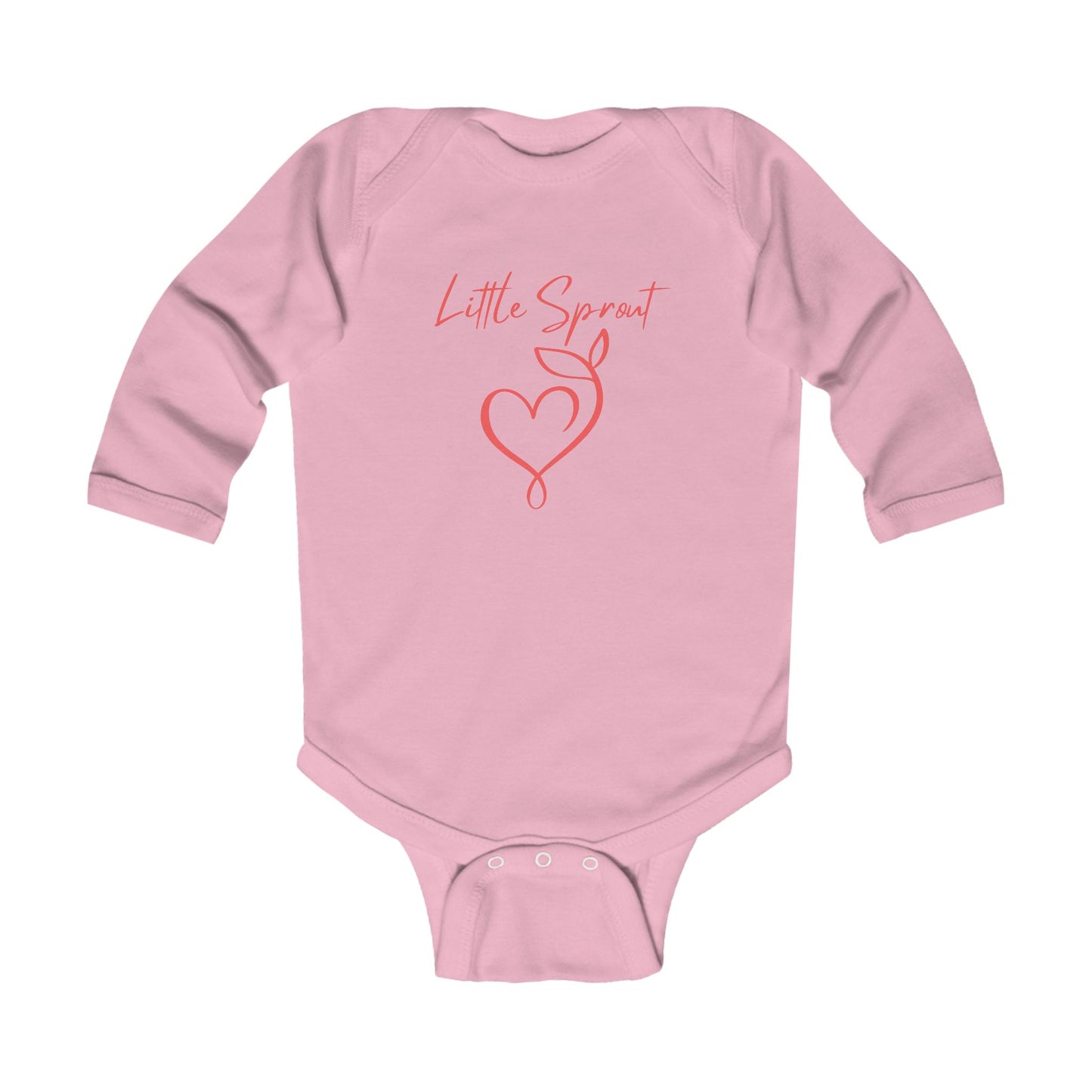 This adorable super soft infant onesie features the words 'little sprout' with a heart and two leaf stem design on the front, creating a cute and playful vibe.