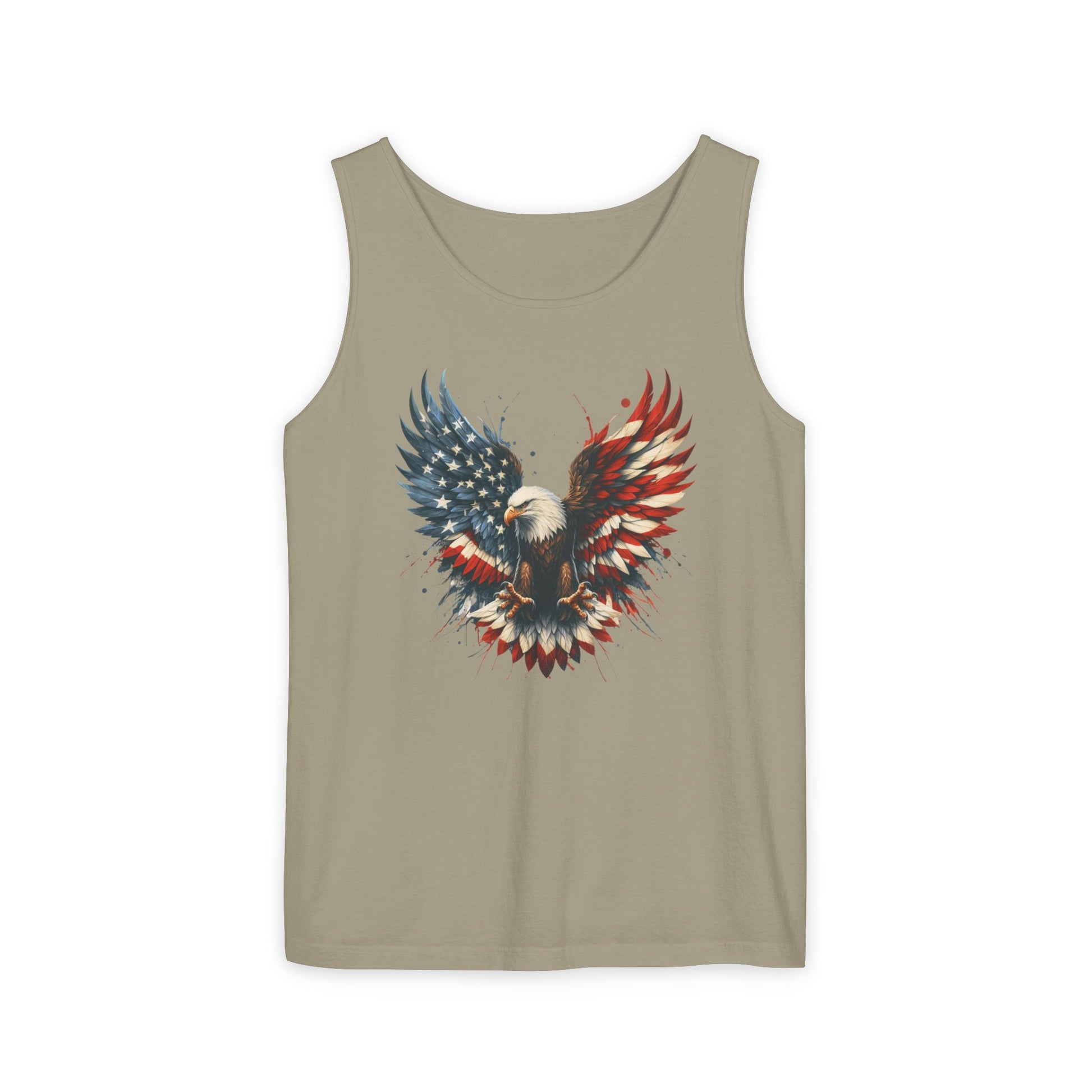On the front of this unisex tank top is an image of an American Bald Eagle with it's wings out, the feathers of the bald eagle are the colors of the American flag being red, white and blue, there are also stars on one side of the eagle’s wings.
