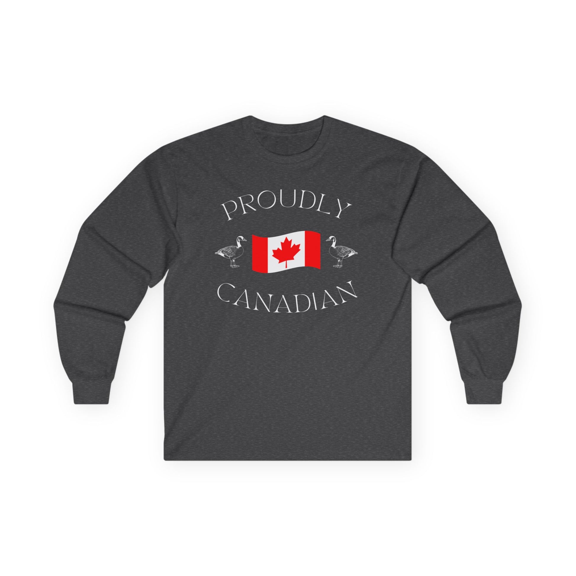 On the front of this Canadian made unisex custom long sleeve t-shirt are the words Proudly Canadian in large font with an image of a Canadian flag in the center, there are two Canadian geese on either side of the flag.