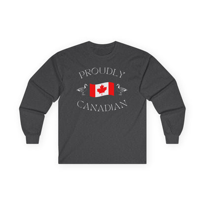 On the front of this Canadian made unisex custom long sleeve t-shirt are the words Proudly Canadian in large font with an image of a Canadian flag in the center, there are two Canadian geese on either side of the flag.