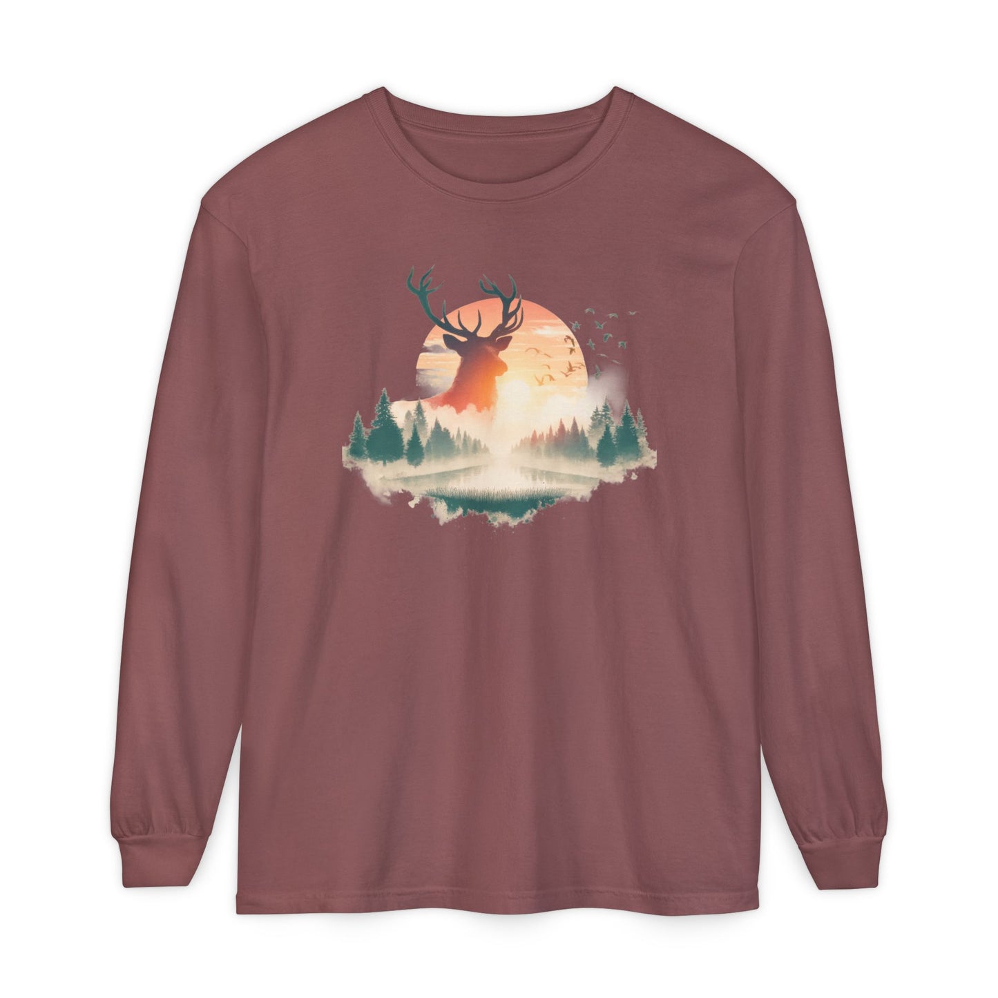 On the front of this custom unisex long sleeve shirt is beautiful landscape at dawn, there is a river in the middle with pine trees on either side, the sun is setting in the background with a large elk in the distance standing in front of the sun.