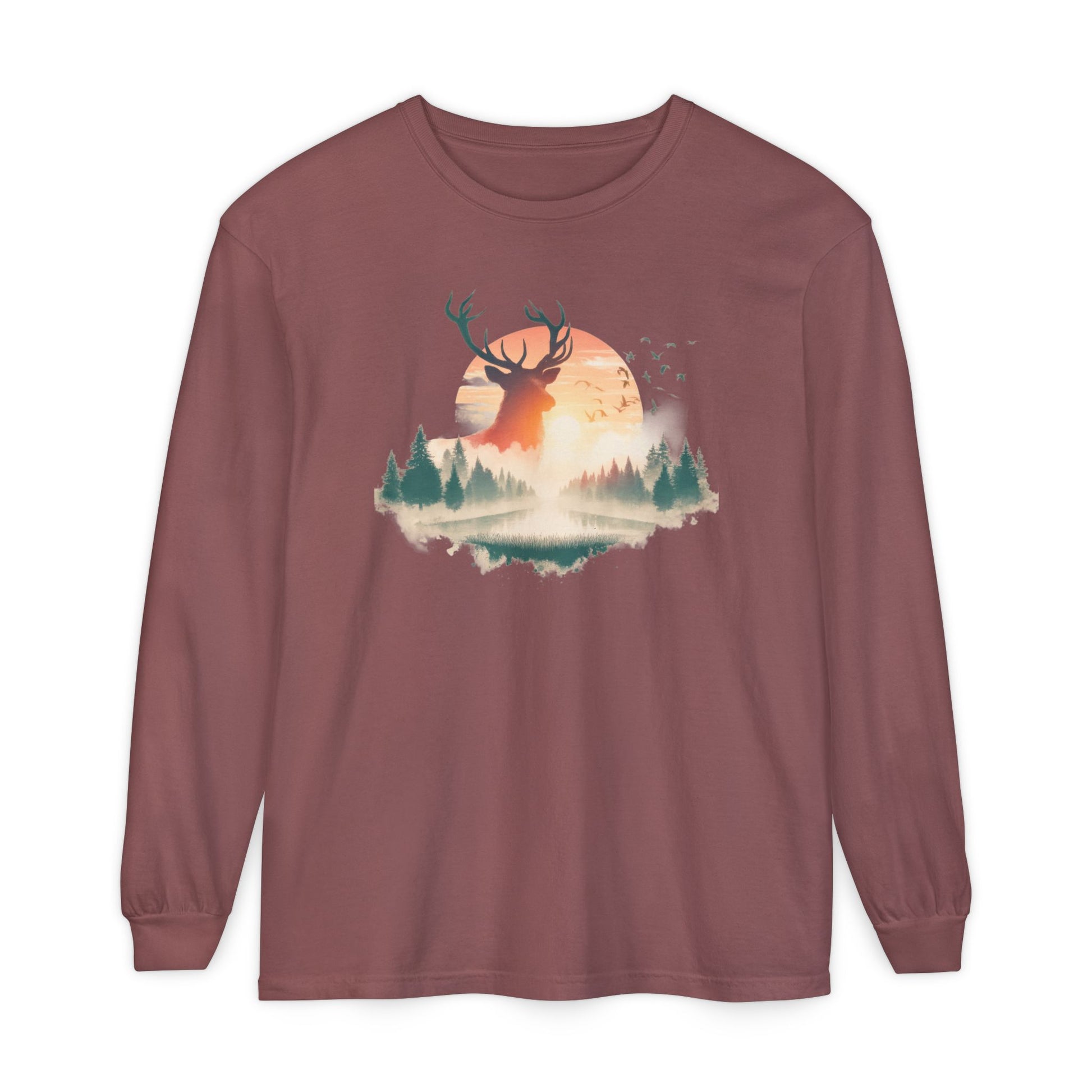 On the front of this custom unisex long sleeve shirt is beautiful landscape at dawn, there is a river in the middle with pine trees on either side, the sun is setting in the background with a large elk in the distance standing in front of the sun.