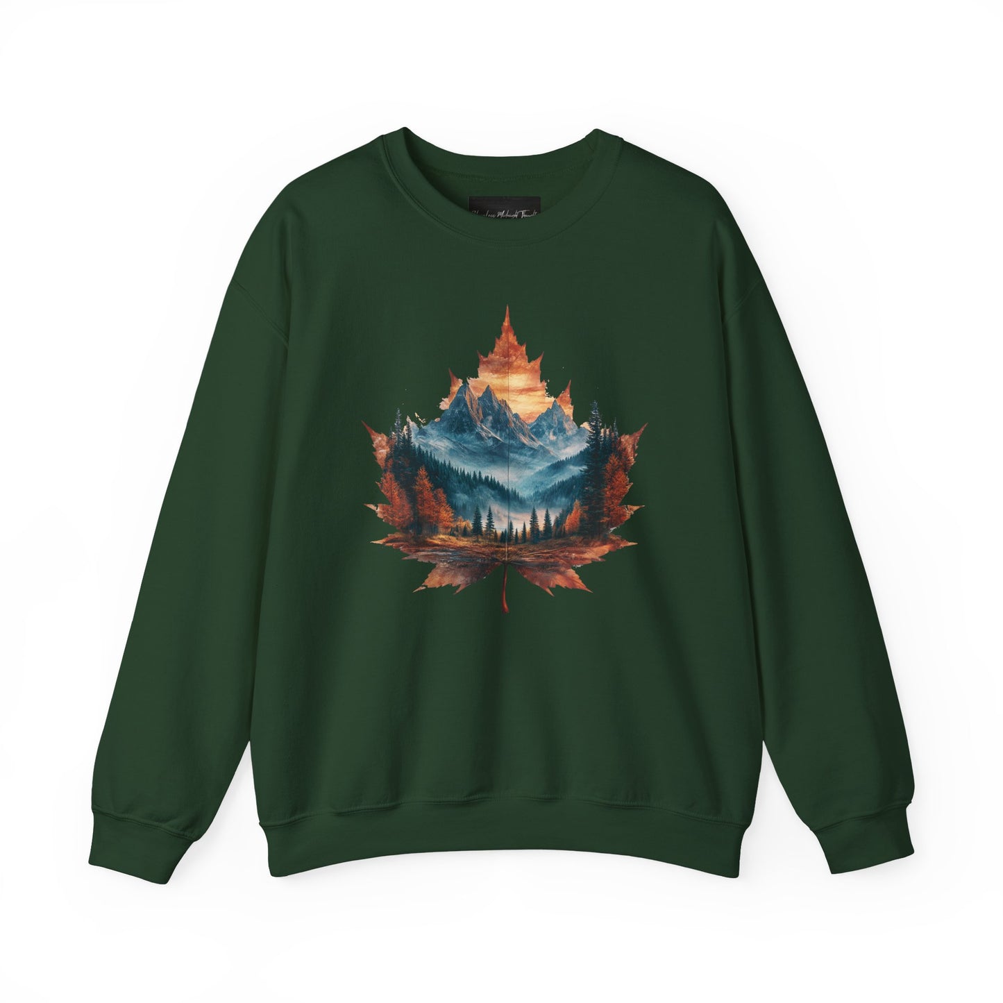On the front of this Canadian pride sweatshirt is a large maple leaf with the inside of the leaf having a picture of the Rocky Mountains in the fall time.
