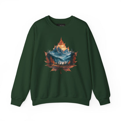 On the front of this Canadian pride sweatshirt is a large maple leaf with the inside of the leaf having a picture of the Rocky Mountains in the fall time.