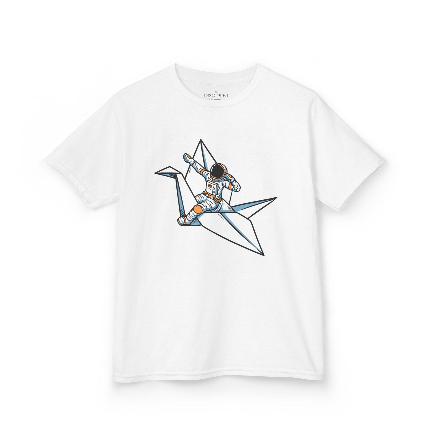 On the front of this custom kids t-shirt is an image of a astronaut flying on a paper plane.