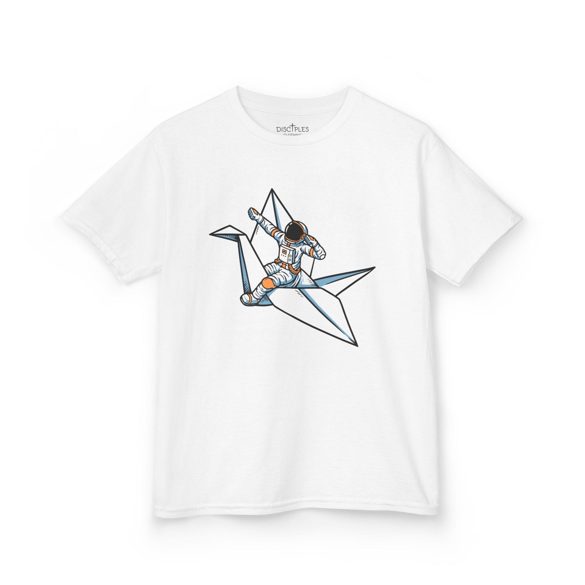 On the front of this custom kids t-shirt is an image of a astronaut flying on a paper plane.