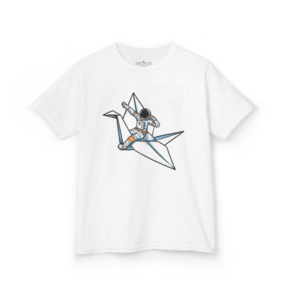 On the front of this custom kids t-shirt is an image of a astronaut flying on a paper plane.