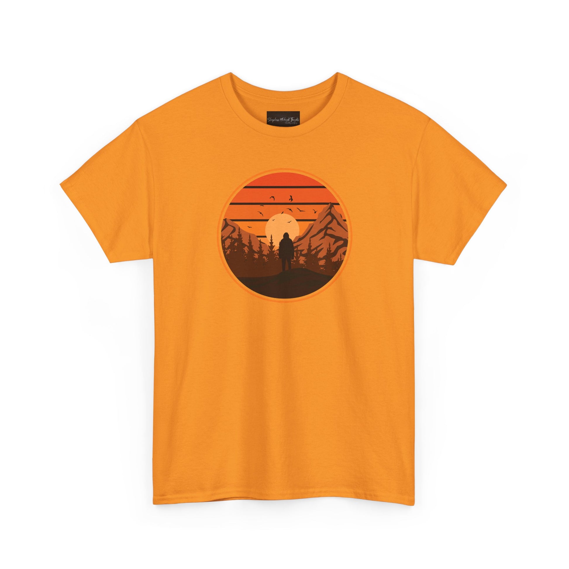 On the front of this custom tee is a large circle on the center of the chest that has an image of bigfoot right in the middle, there is a sun setting with mountain ranges and pine trees in the background.