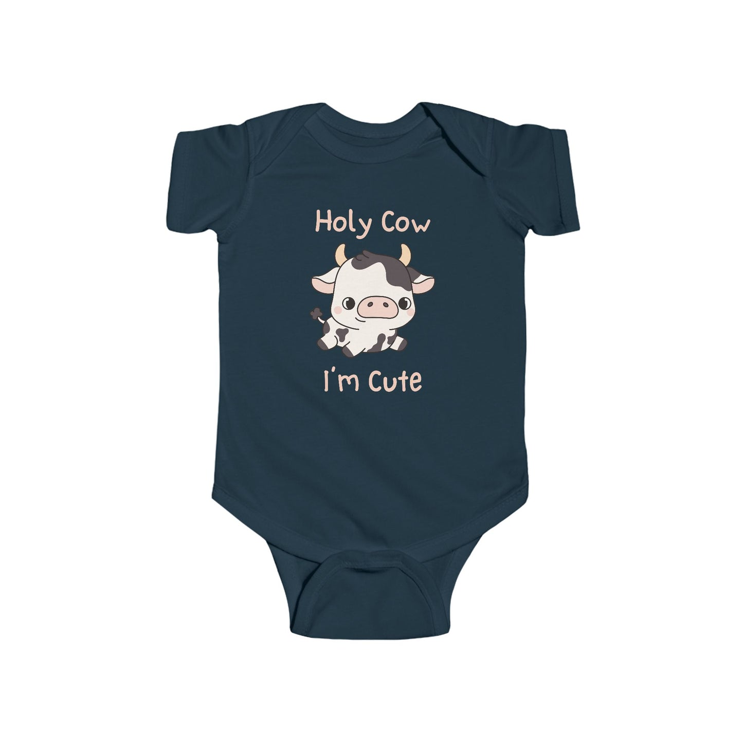 This adorable pink colored super soft bodysuit features an image of a baby cow in the middle with the words 'holy cow I'm cute' in light beige lettering around the image.