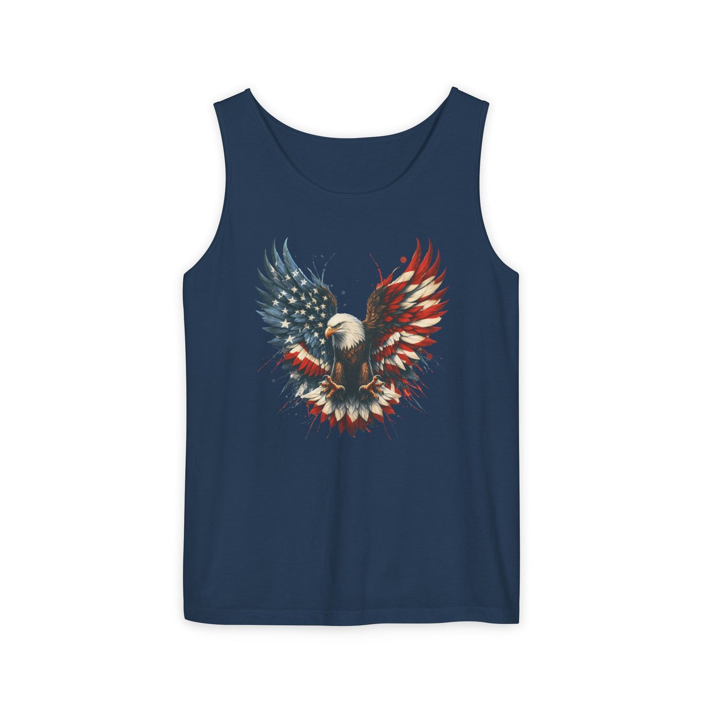 On the front of this unisex tank top is an image of an American Bald Eagle with it's wings out, the feathers of the bald eagle are the colors of the American flag being red, white and blue, there are also stars on one side of the eagle’s wings.