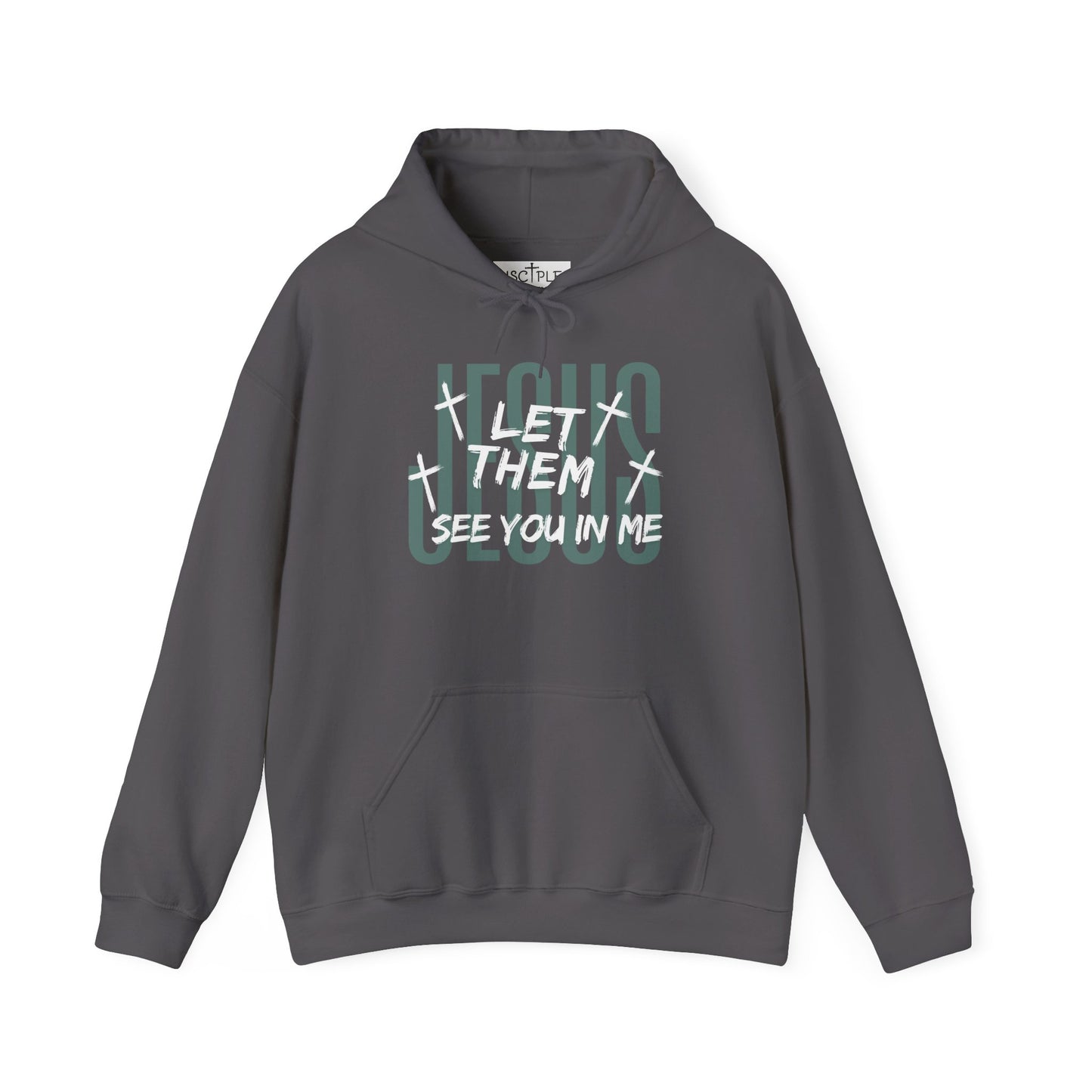 On the front of this custom Christian hoodie it says Jesus in large letters with the words Let them see you in me overlayed overtop of Jesus, there are crosses around the wording.