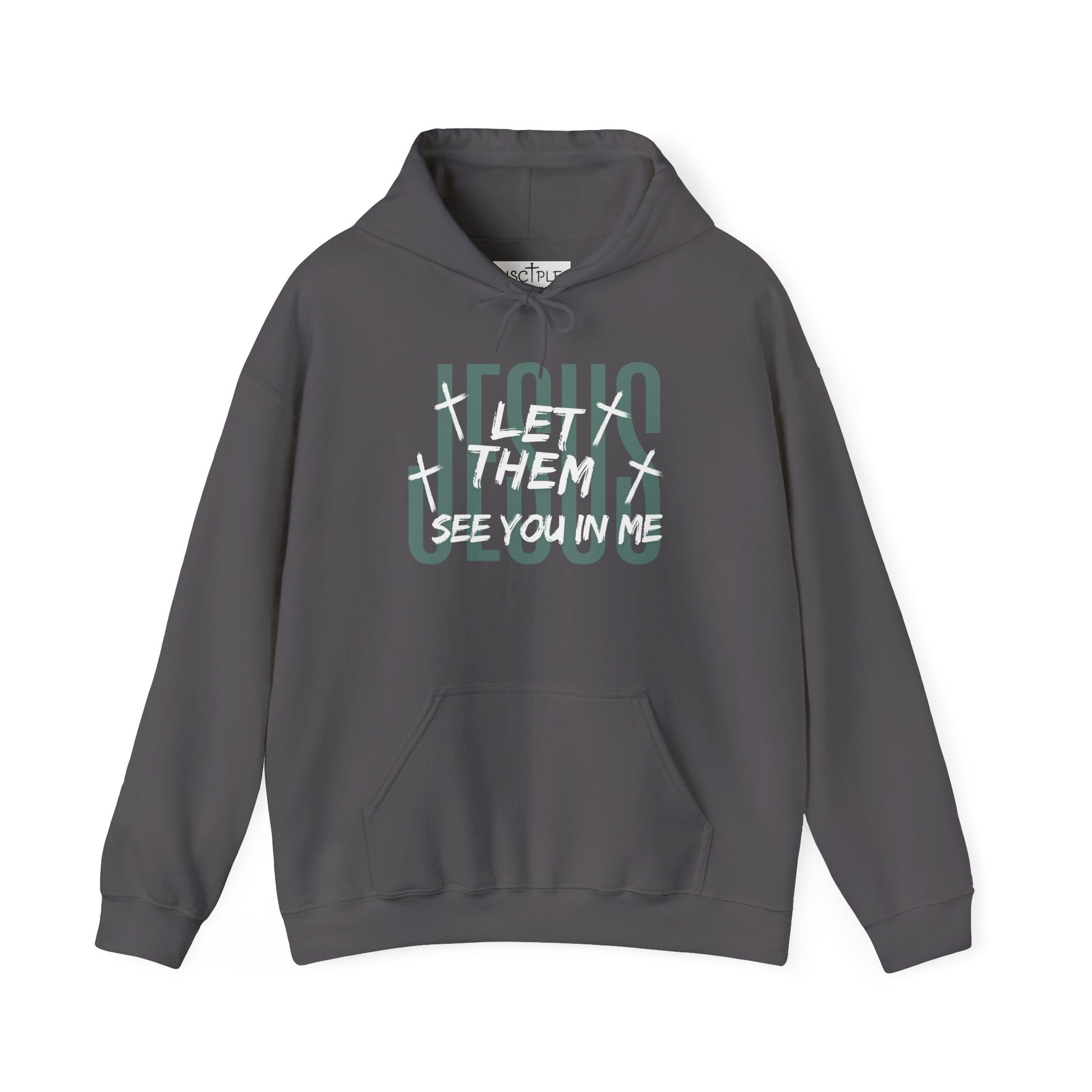 On the front of this custom Christian hoodie it says Jesus in large letters with the words Let them see you in me overlayed overtop of Jesus, there are crosses around the wording.