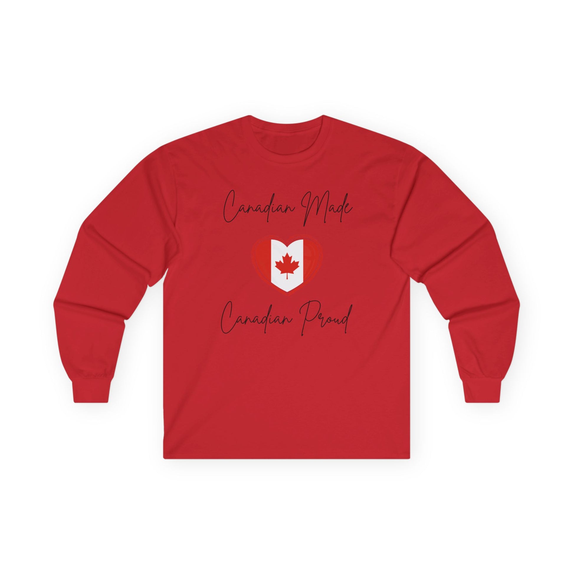 On the front of this custom Canadian patriotic long sleeve t-shirt are the words Canadian Made Canadian Proud in a beautiful cursive font, there is a Canadian flag in the middle that is in the shape of a heart.