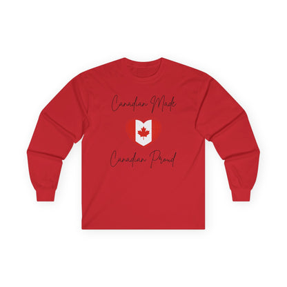 On the front of this custom Canadian patriotic long sleeve t-shirt are the words Canadian Made Canadian Proud in a beautiful cursive font, there is a Canadian flag in the middle that is in the shape of a heart.