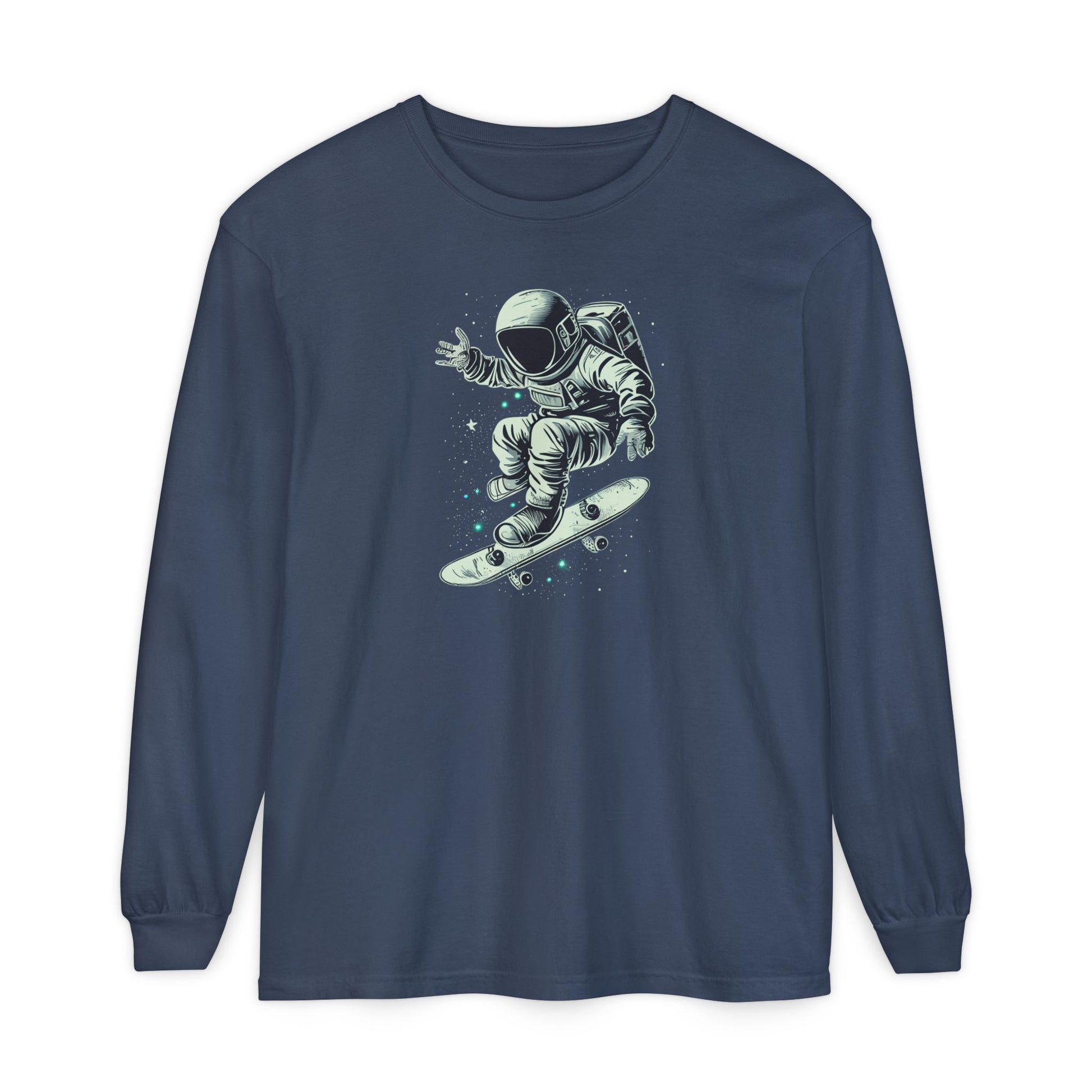 On the front of this custom unisex long sleeve shirt is an image of an astronaut riding a skateboard, there are a bunch of stars around the astronaut.