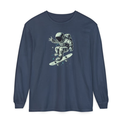 On the front of this custom unisex long sleeve shirt is an image of an astronaut riding a skateboard, there are a bunch of stars around the astronaut.