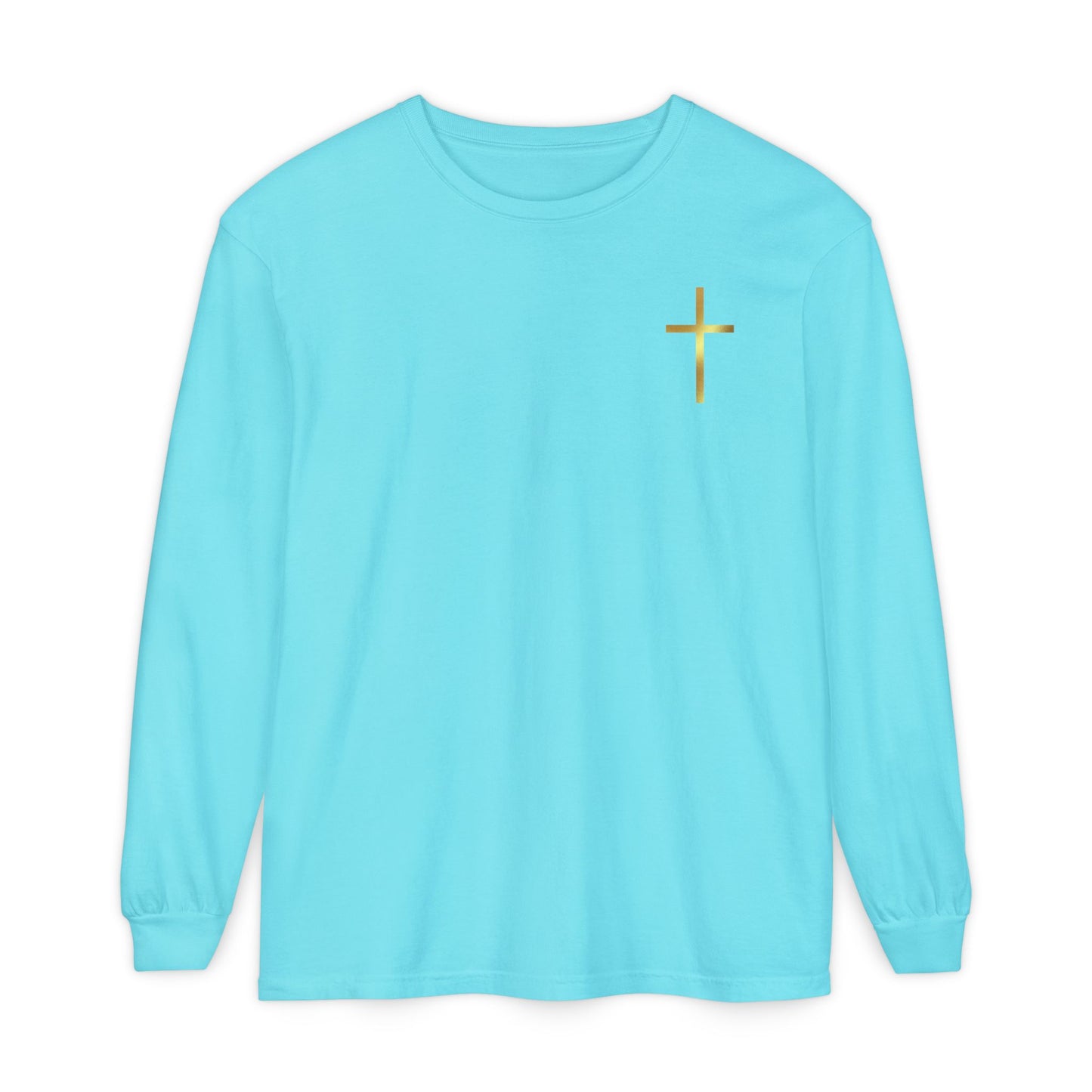 On the front of this custom Christian long sleeve shirt is a gold cross over the top left chest of the shirt.