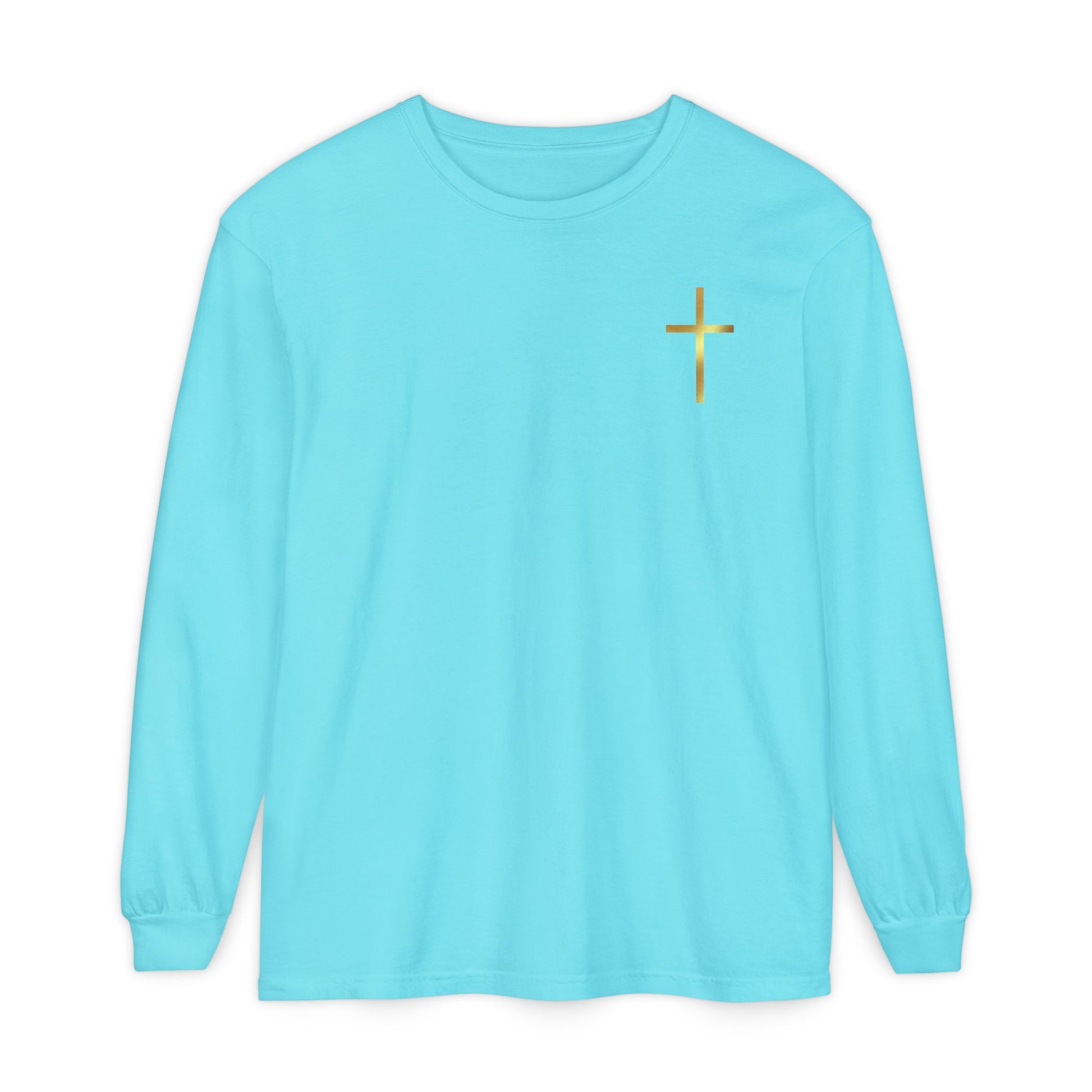 On the front of this custom Christian long sleeve shirt is a gold cross over the top left chest of the shirt.