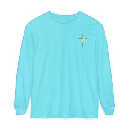 On the front of this custom Christian long sleeve shirt is a gold cross over the top left chest of the shirt.